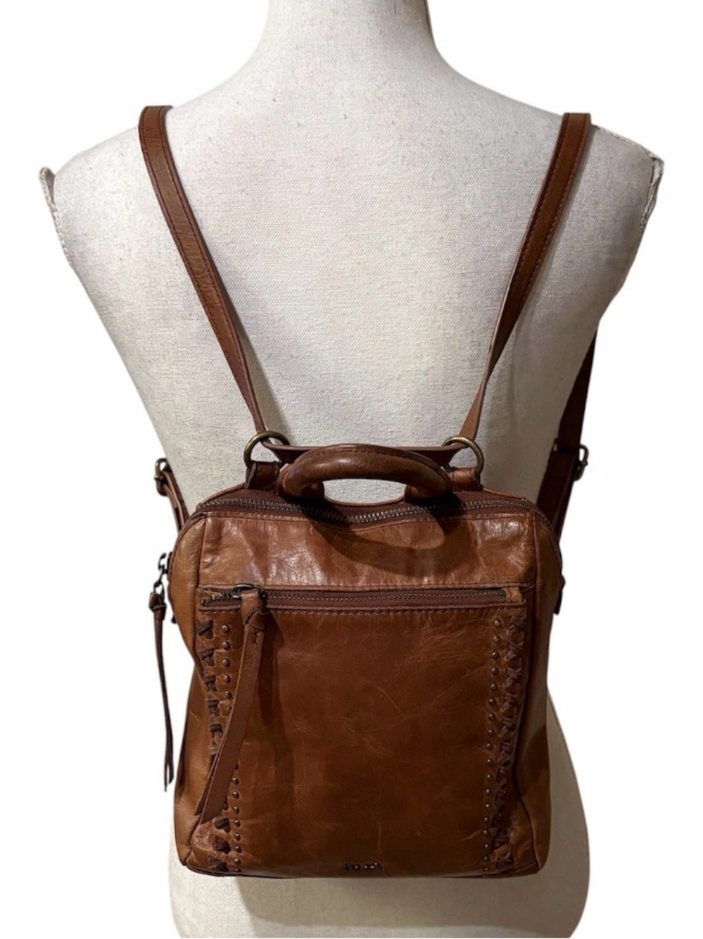 The Sak Mini Brown Leather Convertible Backpack Crossbody Bohemian Stitch